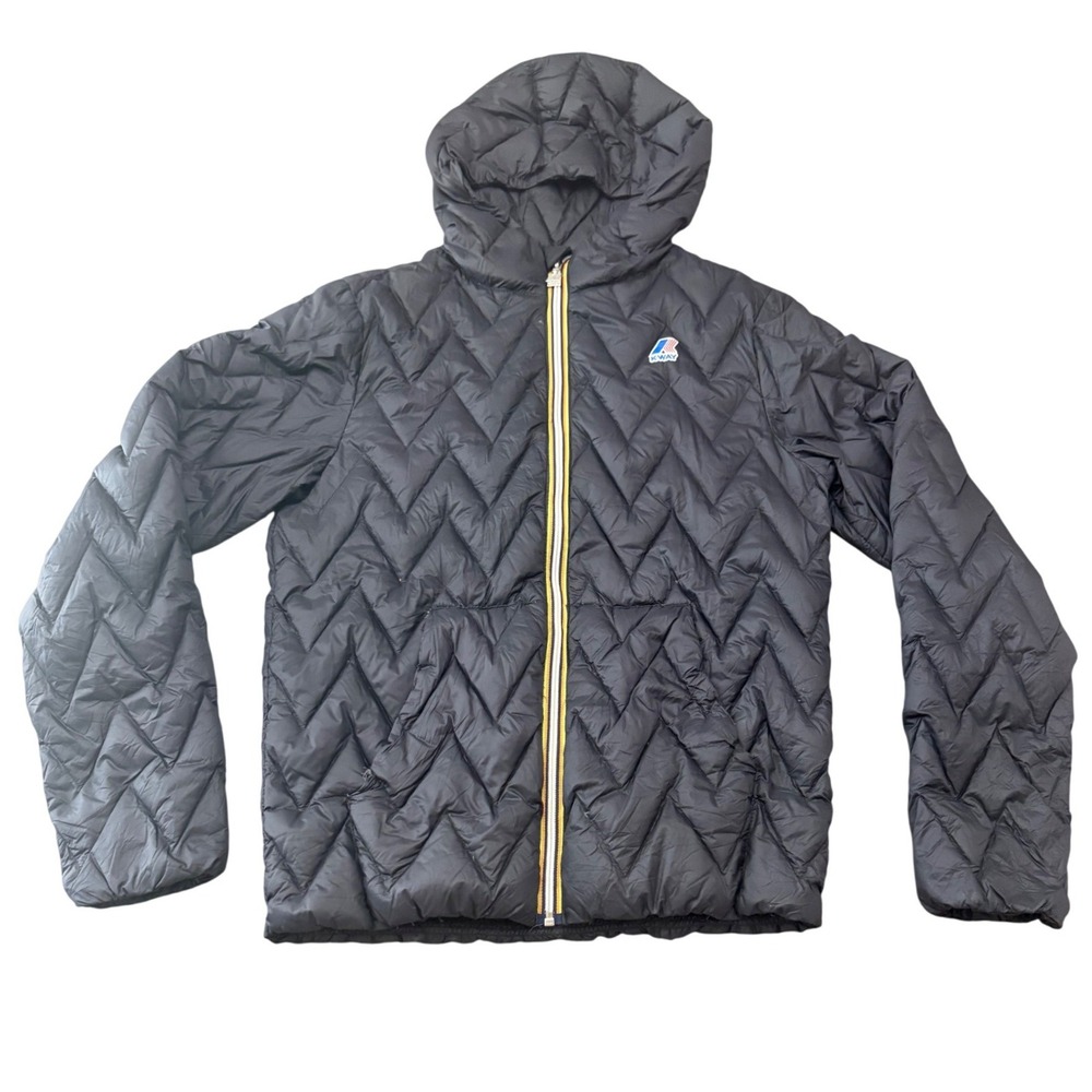 K-Way Men's Black 90/10 Down Jacket Hooded Chevron Quilt Full Zip Size Medium